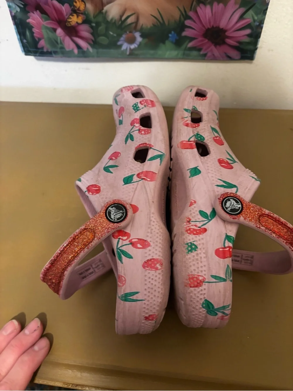 CROCS Kids Pink Cherry Print Clogs with Glitter Strap J2